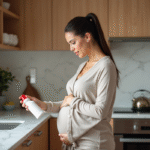 Femme enceinte dans la cuisine moderne lisant une étiquette