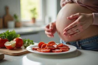 Femme enceinte dans une cuisine moderne examine du chorizo