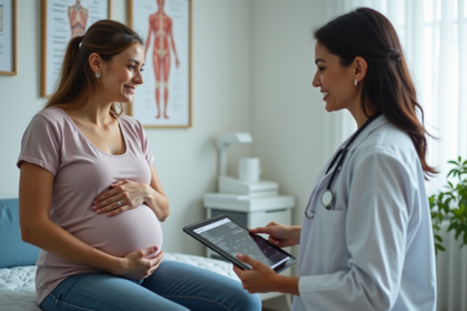 Femme enceinte avec médecin dans un cabinet moderne