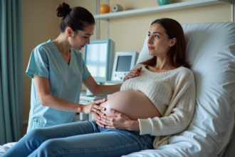 Femme enceinte allongée sur lit d'hôpital avec infirmière