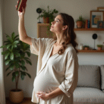 Femme enceinte dans un salon lisant un livre
