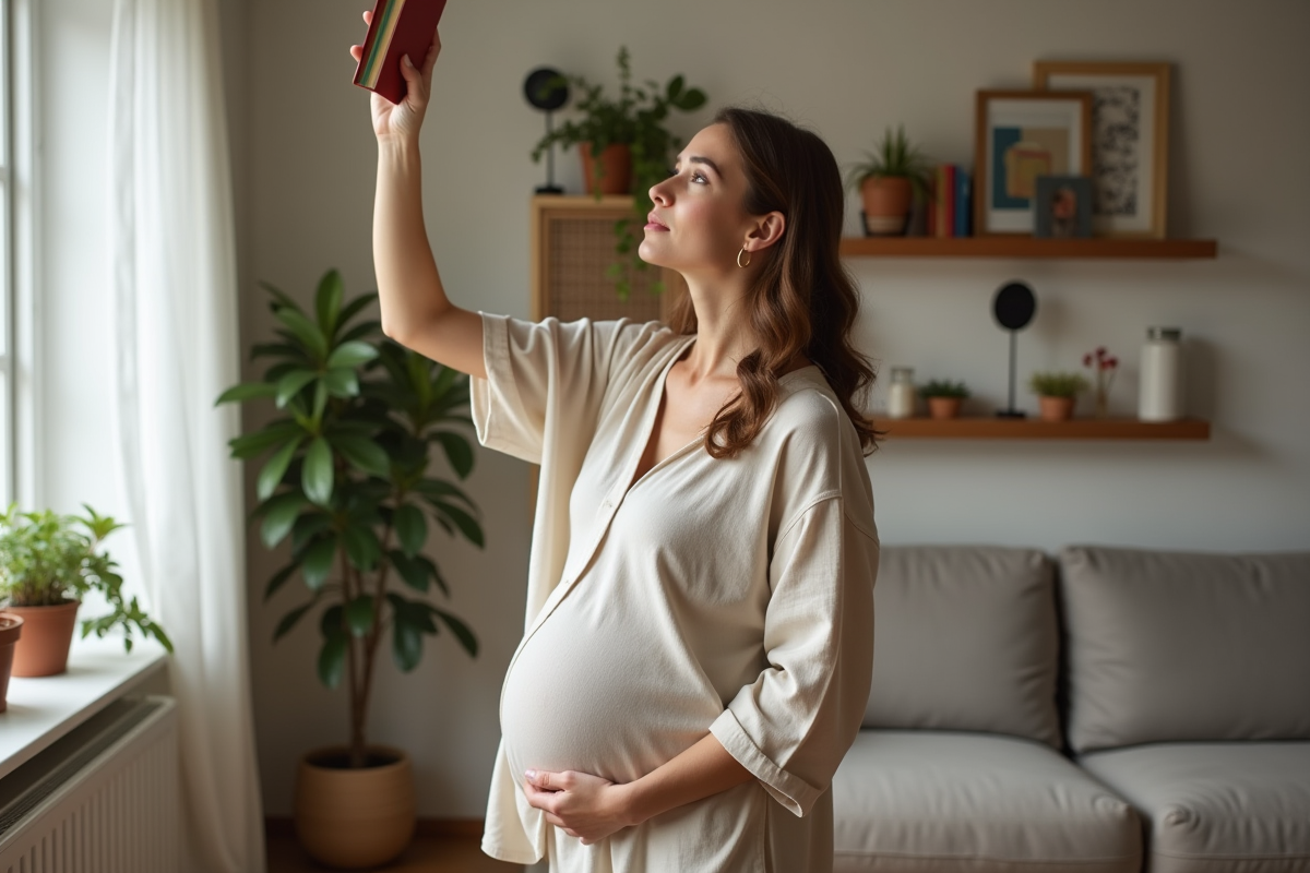 Femme enceinte dans un salon lisant un livre