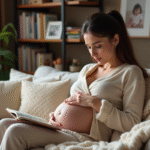 Femme enceinte assise confortablement dans son salon avec journal