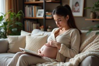 Femme enceinte assise confortablement dans son salon avec journal