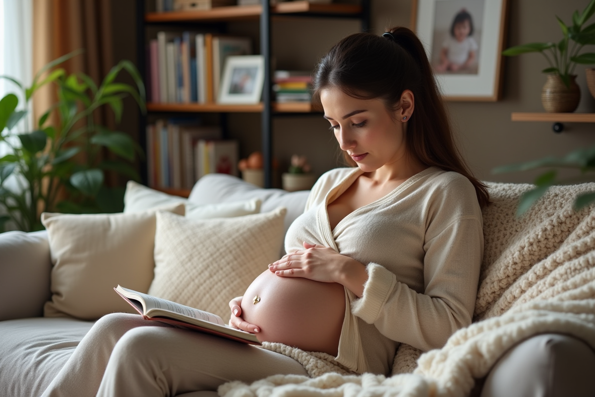 Femme enceinte assise confortablement dans son salon avec journal