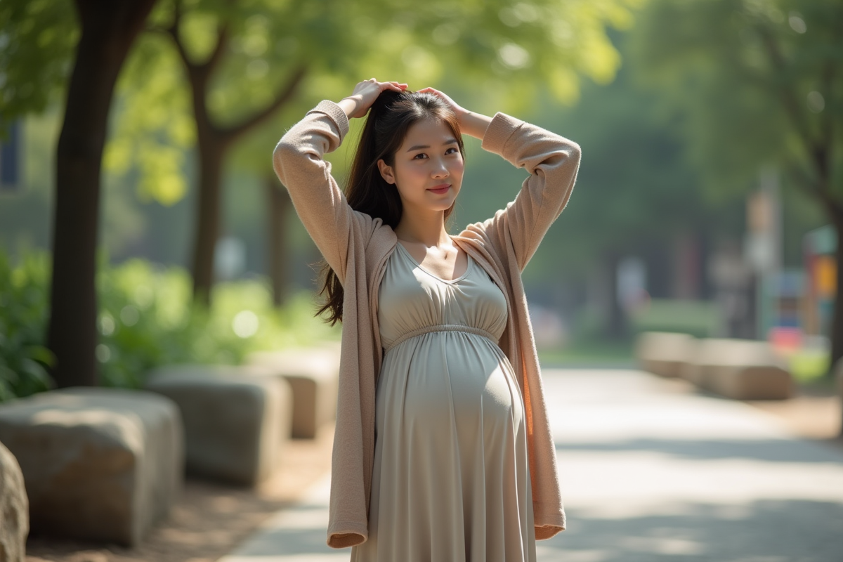 Femme enceinte dans un parc attachant ses cheveux