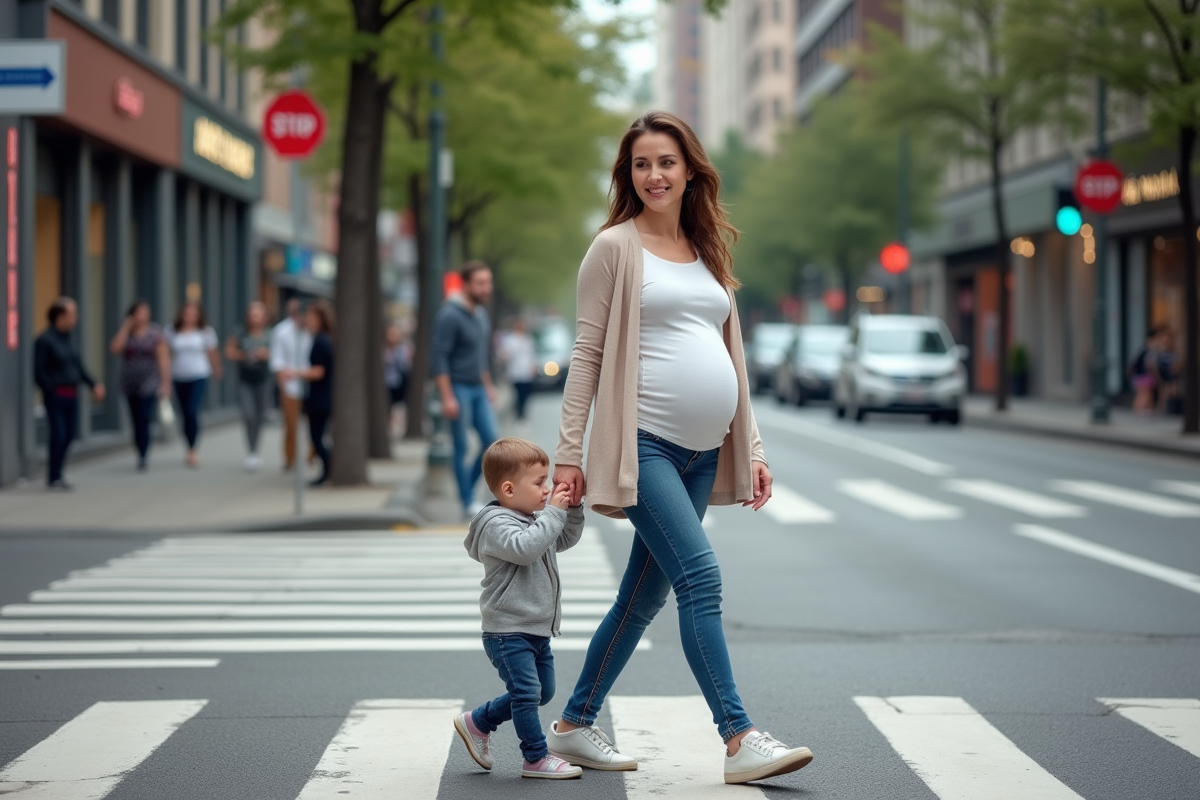 Femme enceinte traversant la rue avec un enfant en ville