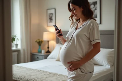 Femme enceinte en pyjama tenant son téléphone dans la chambre