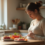 Femme enceinte regardant un plat de nourriture crue au naturel