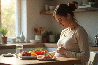 Femme enceinte regardant un plat de nourriture crue au naturel