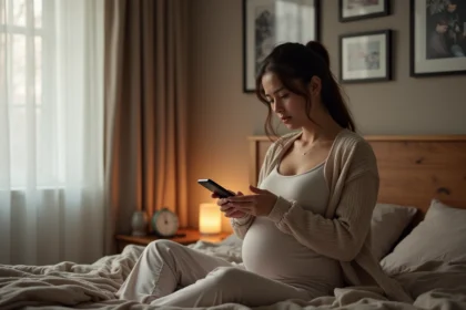 Femme enceinte assise au lit regardant son smartphone