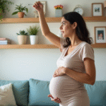 Femme enceinte dans son salon en train de placer un objet