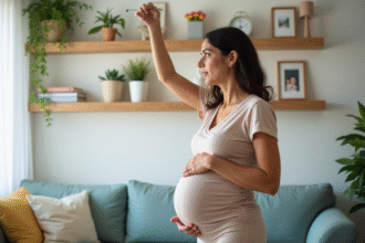 Femme enceinte dans son salon en train de placer un objet