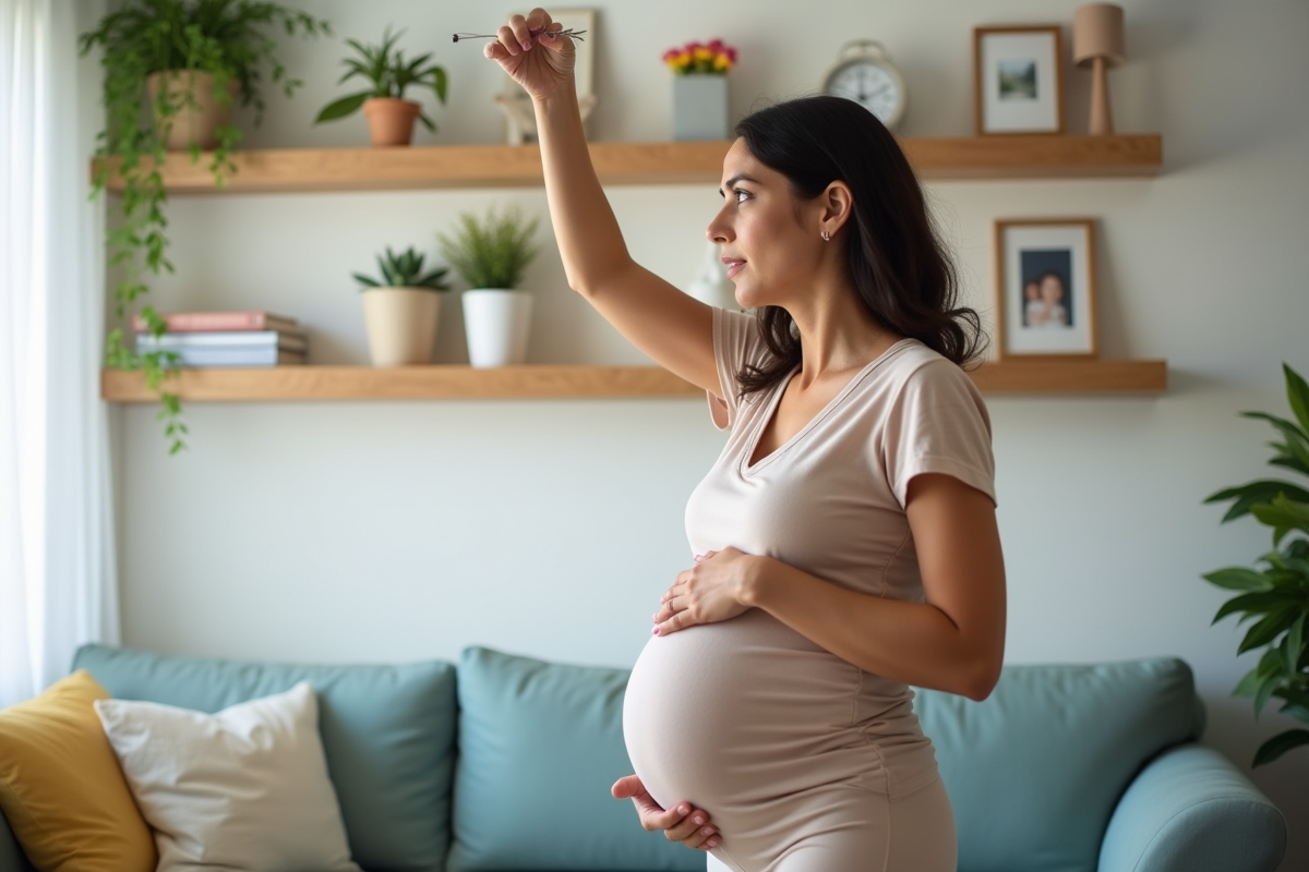 Femme enceinte dans son salon en train de placer un objet