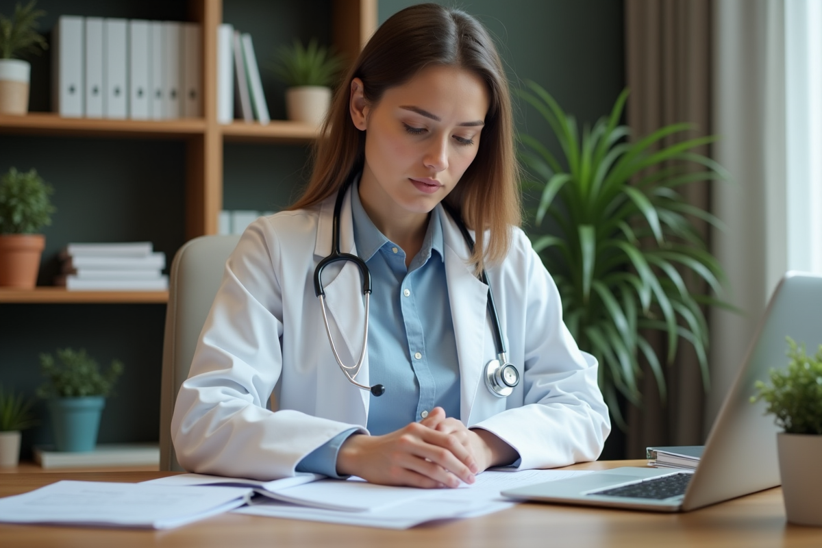 Médecin ENT femme examinant un dossier médical au bureau