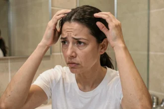 Femme examinant son cuir chevelu avec les doigts pour repérer un bouton douloureux