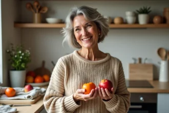 Femme en pull tricoté tenant une pomme et une kaki dans une cuisine