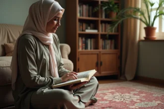 Femme musulmane en hijab lisant le Quran dans un salon