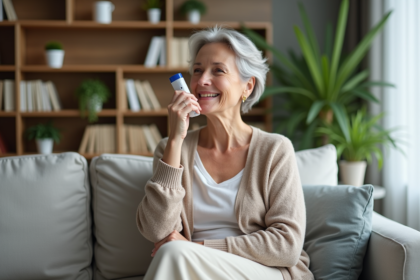 Femme d'âge moyen utilisant un inhalateur nasal dans un salon lumineux