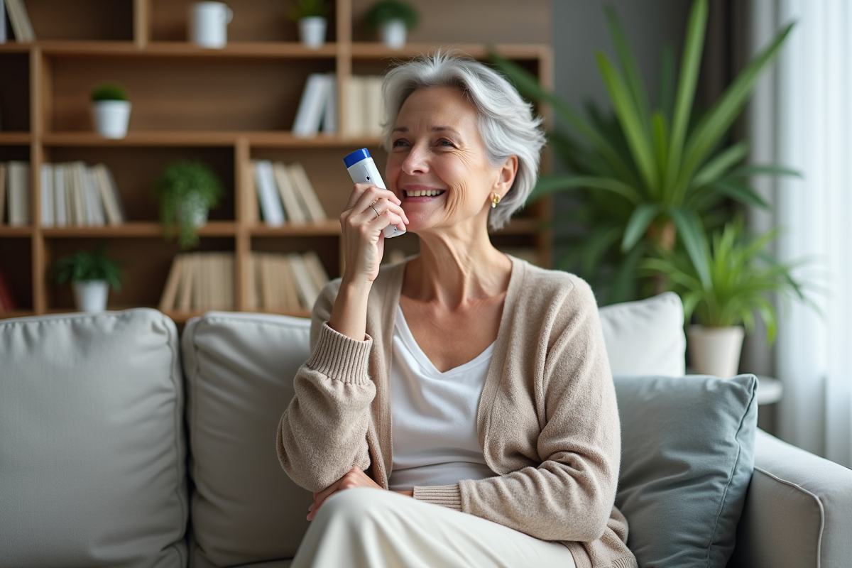 Femme d'âge moyen utilisant un inhalateur nasal dans un salon lumineux
