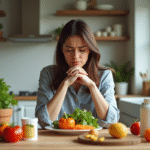 Femme inquiète à la cuisine regardant un plat de légumes et vitamines
