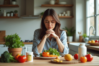 Femme inquiète à la cuisine regardant un plat de légumes et vitamines