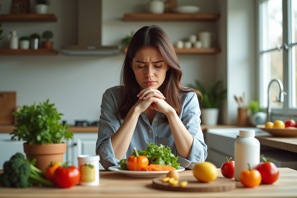 Femme inquiète à la cuisine regardant un plat de légumes et vitamines