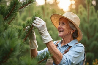 Femme âgée en chapeau vérifiant une branche de pin pour les chenilles