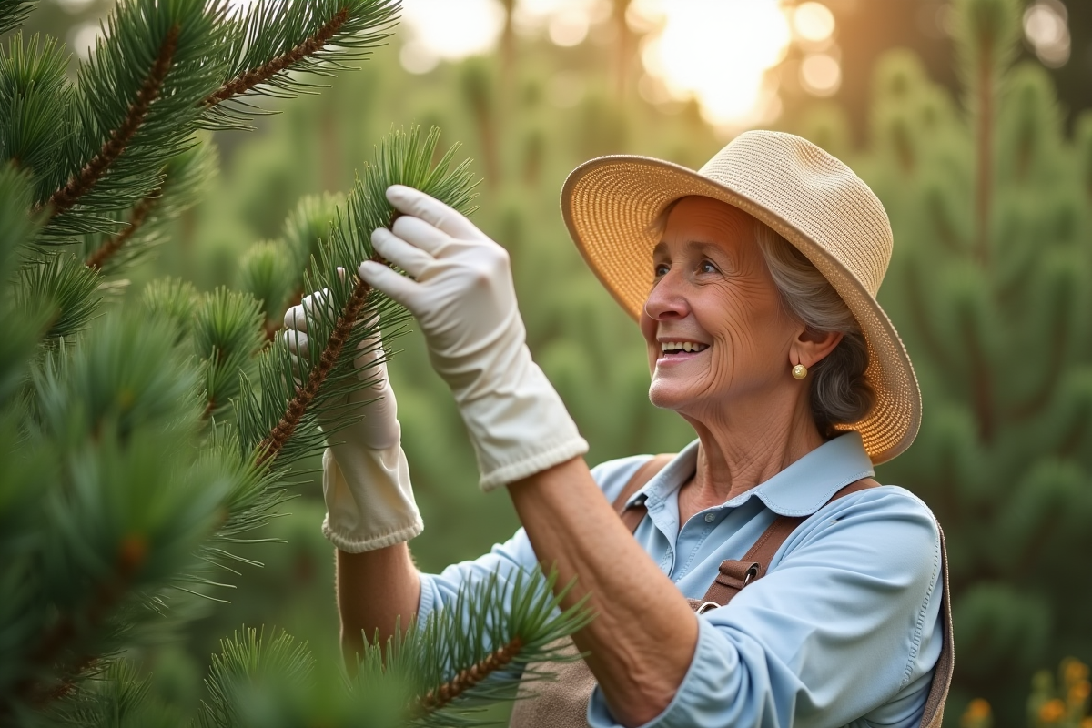Femme âgée en chapeau vérifiant une branche de pin pour les chenilles