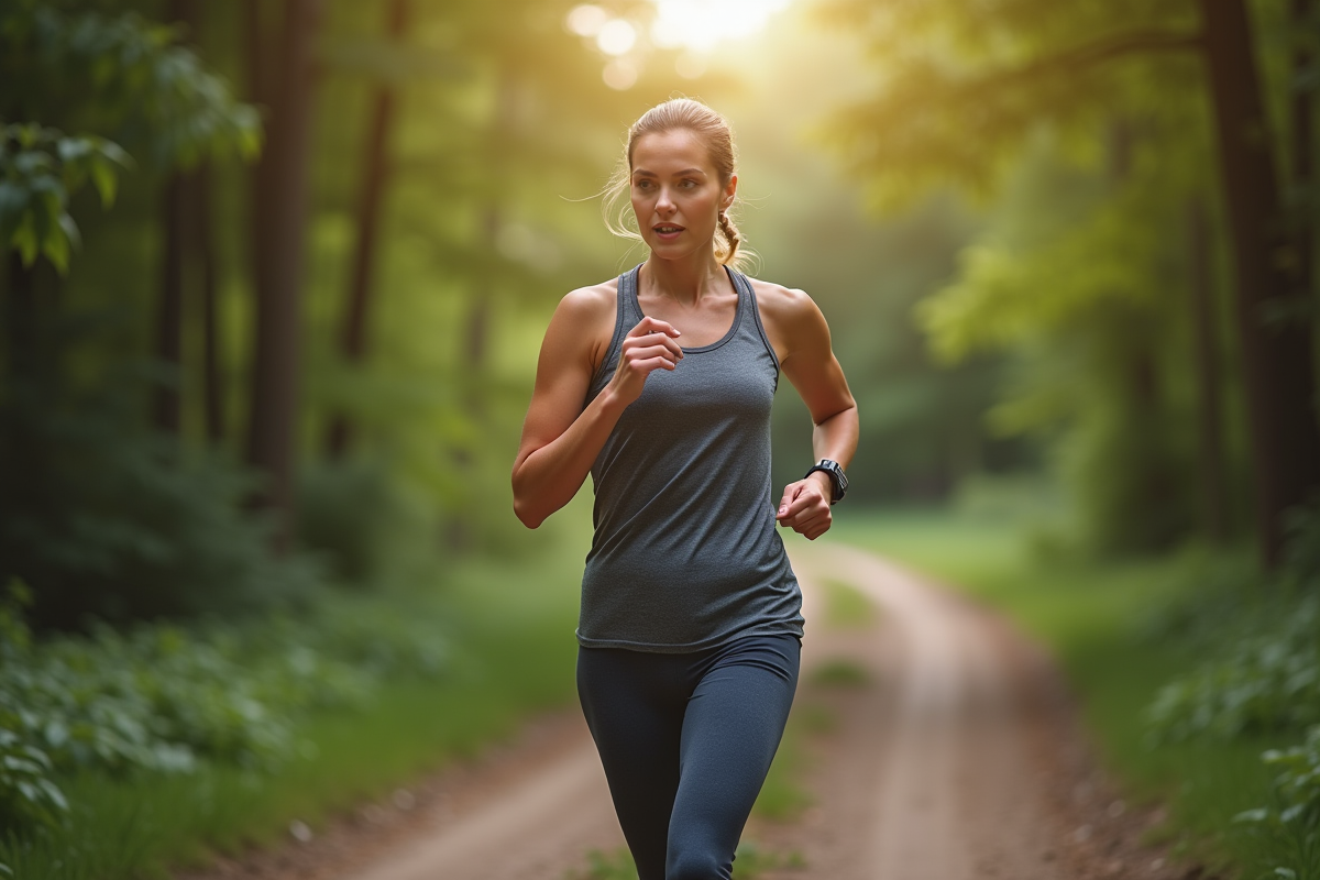 Femme en course dans la forêt avec tracker santé