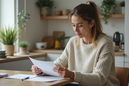 Femme lisant un rapport médical dans une cuisine lumineuse