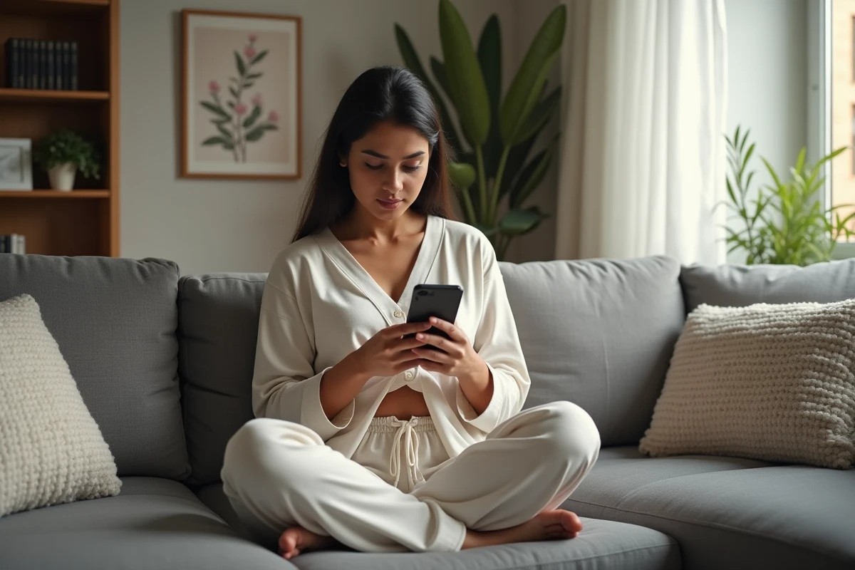 Femme sud-asiatique lit un article sur son smartphone dans le salon