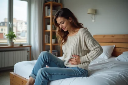 Femme assise sur le lit avec douleur au ventre