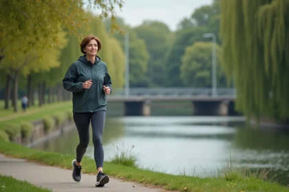 Femme en marche rapide dans un parc urbain verdoyant