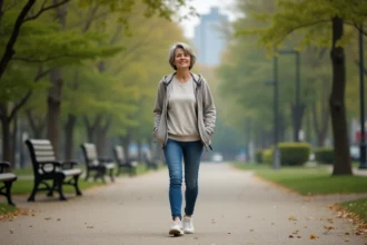 Femme d'âge moyen marche dans un parc urbain en tenue décontractée