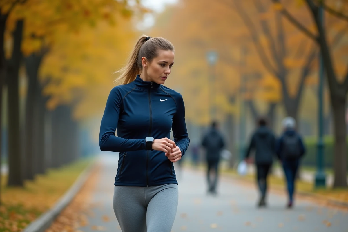 Femme marchant en ville consultant sa montre connectée pour calculer la distance parcourue en pas
