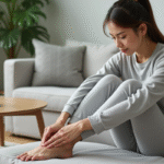 Femme assise sur un canapé en train de masser son pied dans un salon paisible