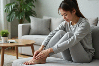 Femme assise sur un canapé en train de masser son pied dans un salon paisible