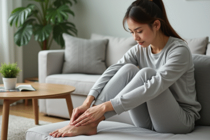 Femme assise sur un canapé en train de masser son pied dans un salon paisible