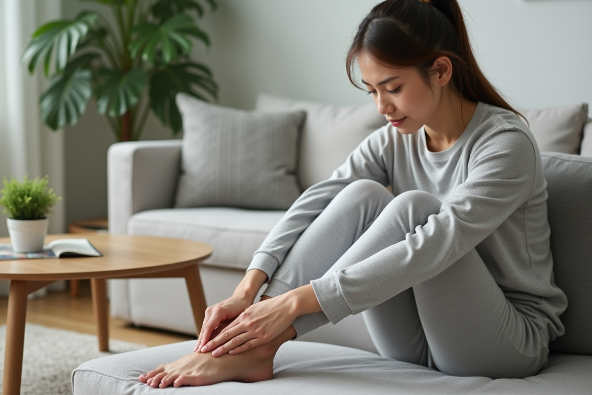Femme assise sur un canapé en train de masser son pied dans un salon paisible