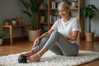 Femme assise sur un tapis en laine massage son pied avec une balle