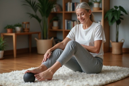Femme assise sur un tapis en laine massage son pied avec une balle