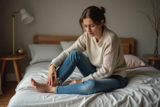 Femme d'âge moyen se massant le talon dans sa chambre