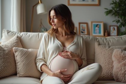 Femme enceinte assise sur un canapé dans un intérieur chaleureux