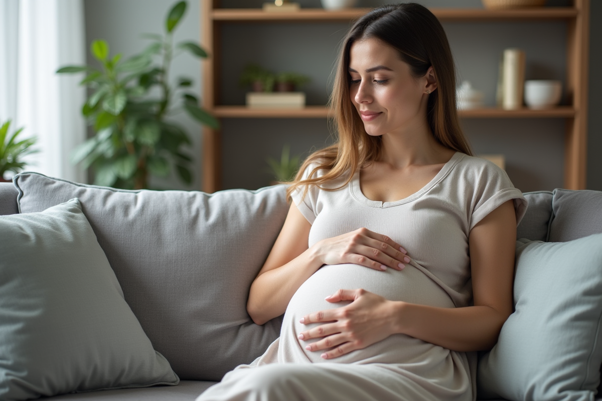 Femme enceinte assise sur un canapé dans un salon moderne