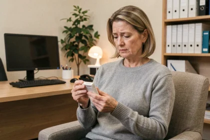 Femme d'âge moyen tenant une boîte de médicament dans un cabinet médical, réfléchissant à un traitement antidouleur alternatif