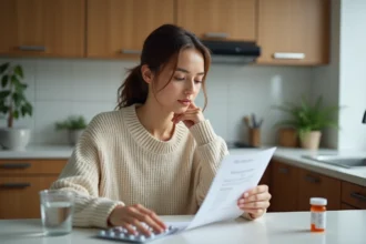 Femme lisant une notice de medicament dans la cuisine