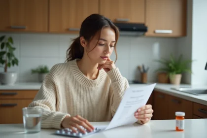 Femme lisant une notice de medicament dans la cuisine