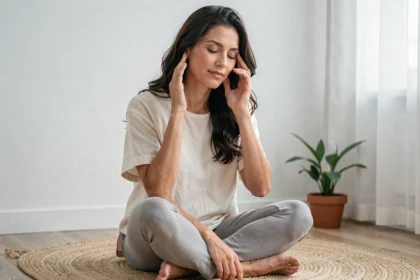 Femme en méditation tenant sa tempe gauche, illustrant la signification spirituelle du mal de tête côté gauche