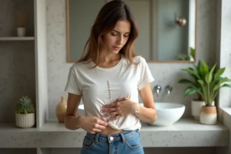 Femme méditerranéenne examine son abdomen dans une salle de bain
